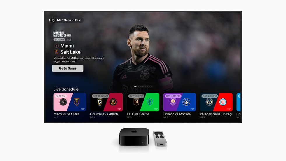 A interface do MLS Season Pass mostra Lionel Messi e pergunta se o usuário quer assistir ao jogo entre Inter Miami CF e Real Salt Lake.