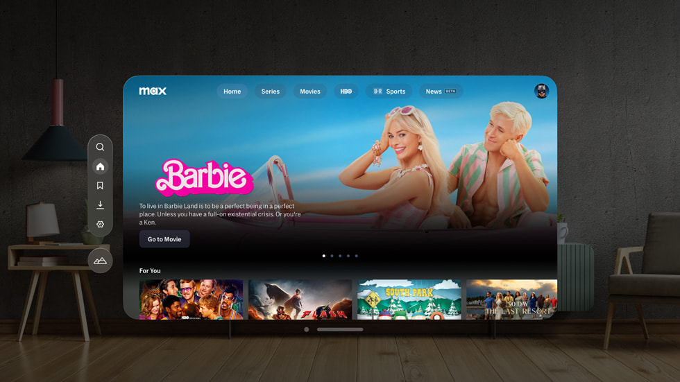 The Barbie film page overview in the Max app displayed on Apple Vision Pro.