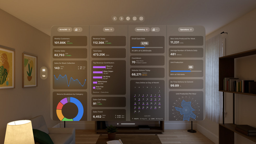 Una visualización de gestión de proyectos en la aplicación Numerics que se muestra en Apple Vision Pro.