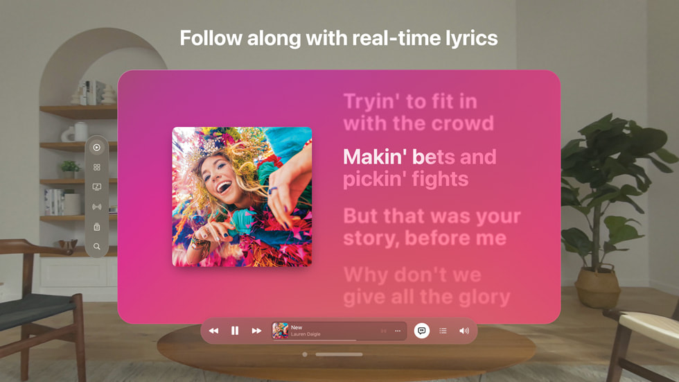 La experiencia de letras de la aplicación Apple Music mostrada en Apple Vision Pro.