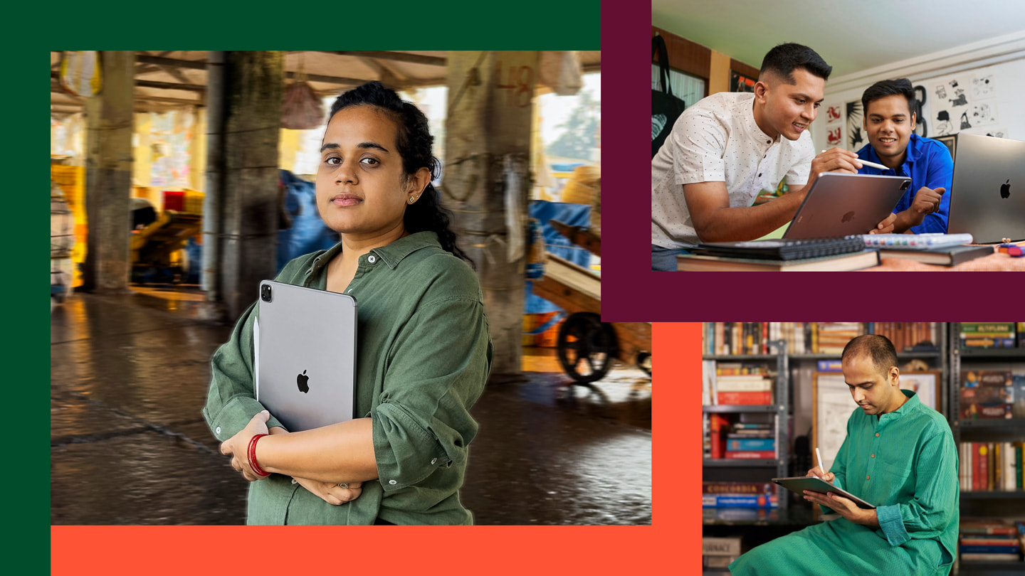 Collage de trois photos montrant, de la gauche au coin inférieur droit : Sadhna Prasad tenant un iPad Pro, Ameya Shinde et Aaron « Myles » Pereira utilisant iPad Pro et MacBook Pro, ainsi que Dhruv Jani travaillant avec l’Apple Pencil sur iPad Pro.