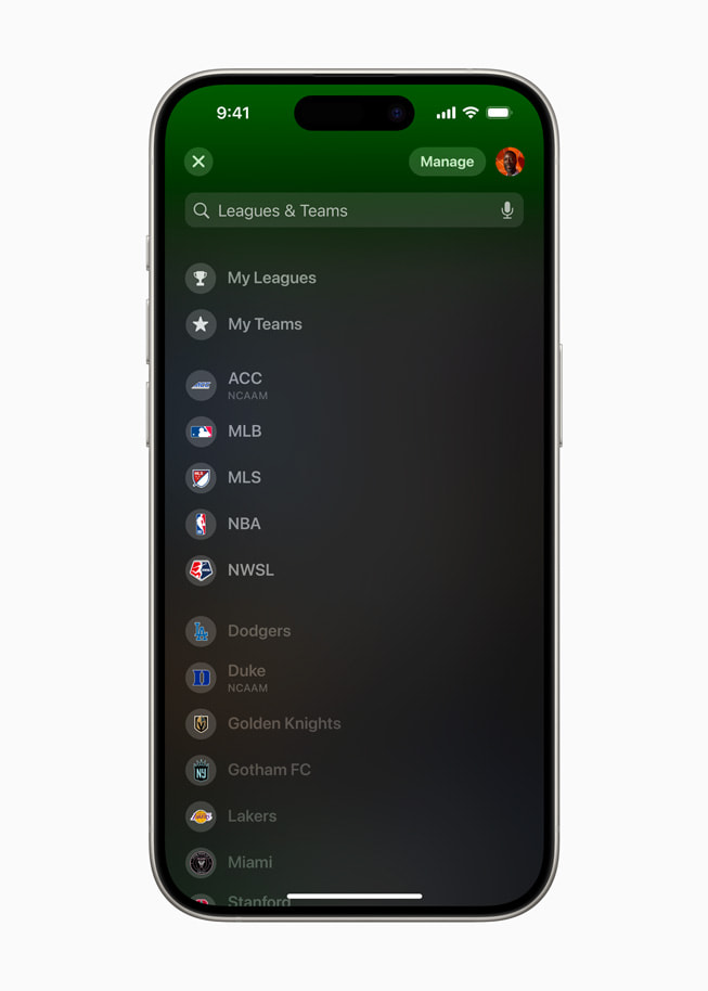 The search function within Apple Sports is shown on iPhone 15 Pro.
