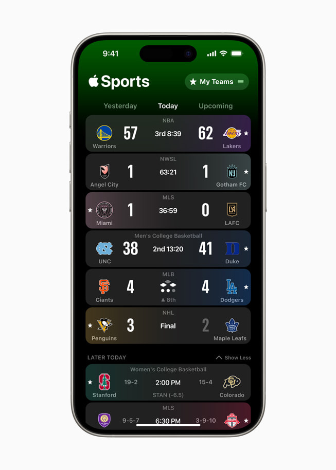 The My Teams page within Apple Sports is shown on iPhone 15 Pro.