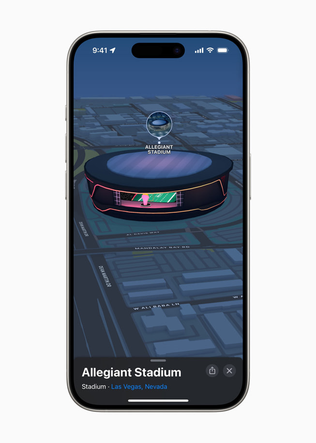The exterior of Allegiant Stadium is shown in Apple Maps.