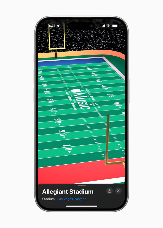 The end zone of Allegiant Stadium is shown in Apple Maps.