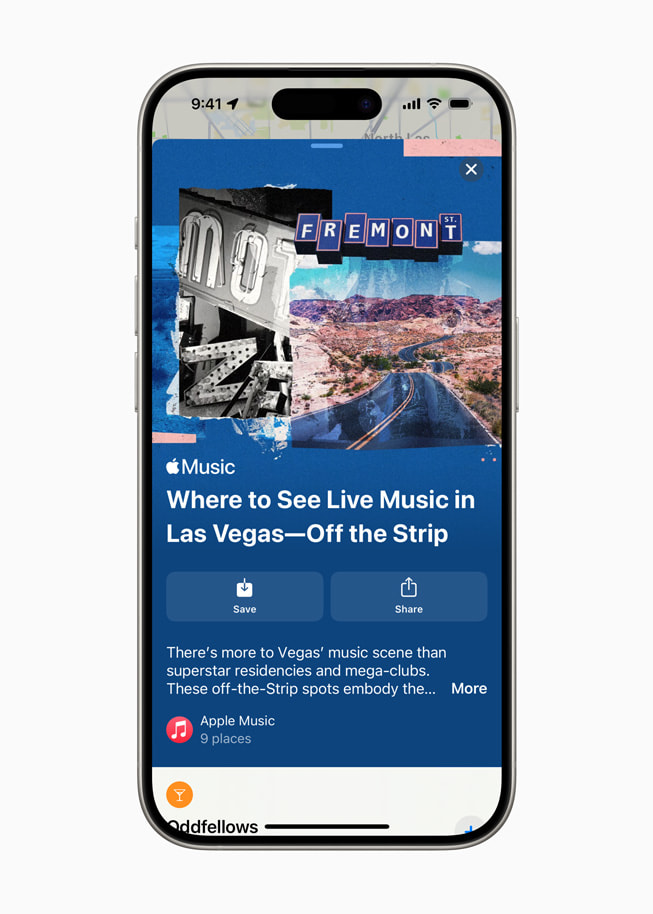 Le guide Apple Plans consacré aux concerts en dehors du Strip, affiché sur un iPhone 15 Pro.