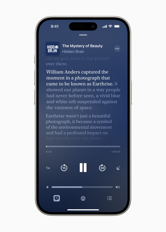 A live-view transcript of a podcast episode titled “The Mystery of Beauty” from the podcast “Hidden Brain” is shown in Apple Podcasts on iPhone 15 Pro.