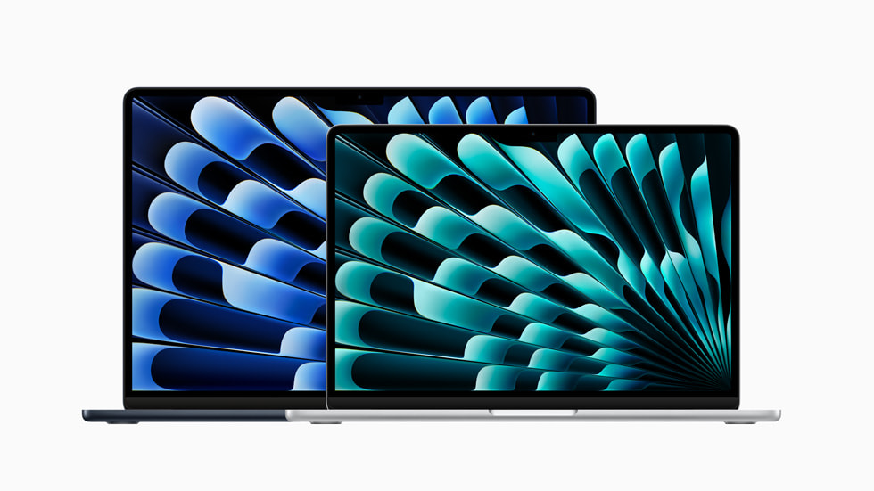 Colorful graphics are shown on two new MacBook Air devices.