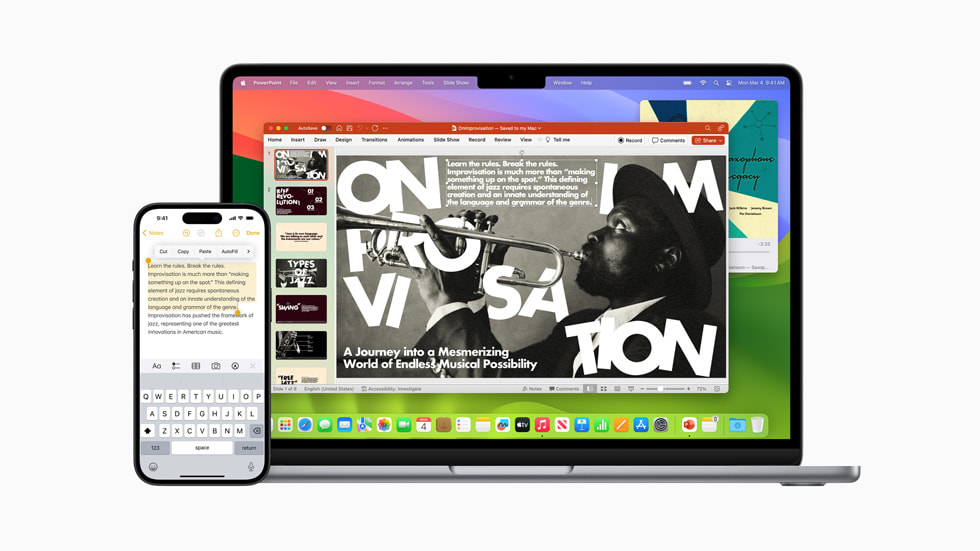 The Continuity feature is shown across MacBook Air and iPhone 15 Pro, with a user’s PowerPoint project appearing on both screens.
