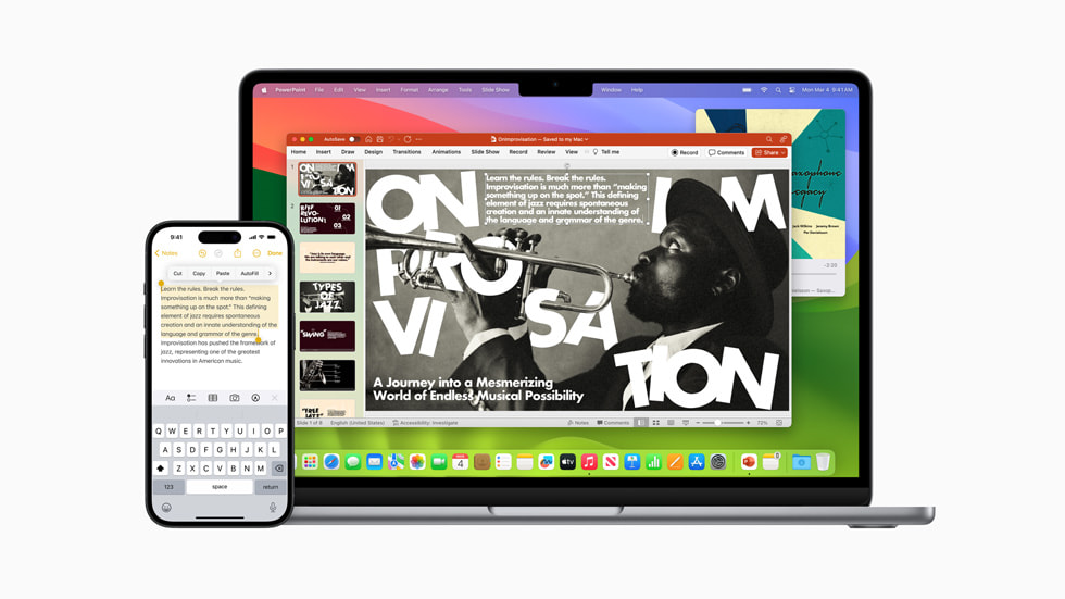 Funktionen Kontinuitet visas på MacBook Air och iPhone 15 Pro genom att en användares PowerPoint-projekt visas på båda skärmarna.