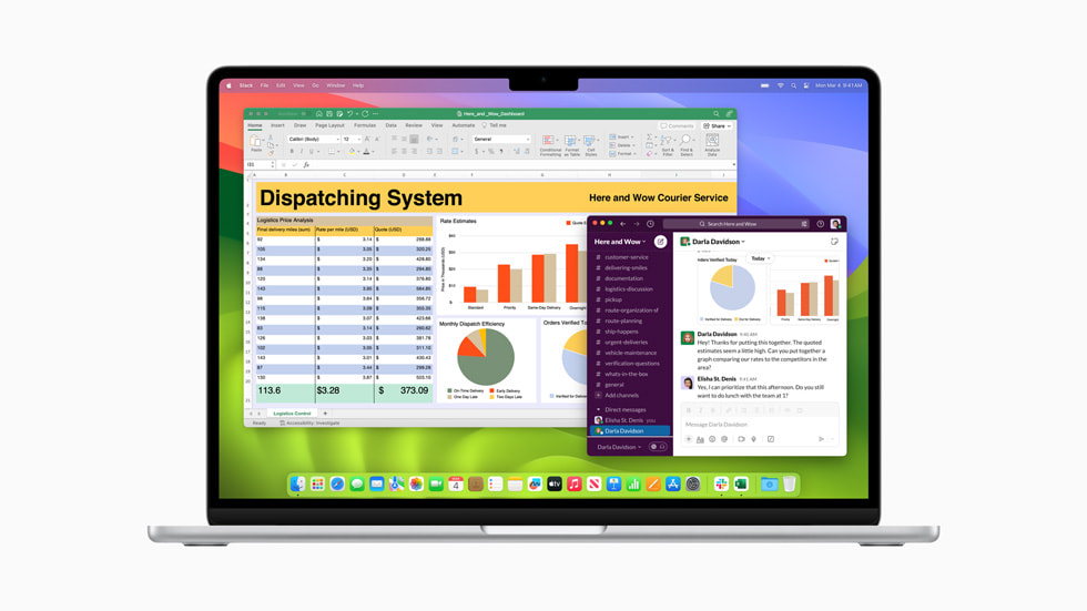 Excel và Slack hiển thị trên MacBook Air mới.