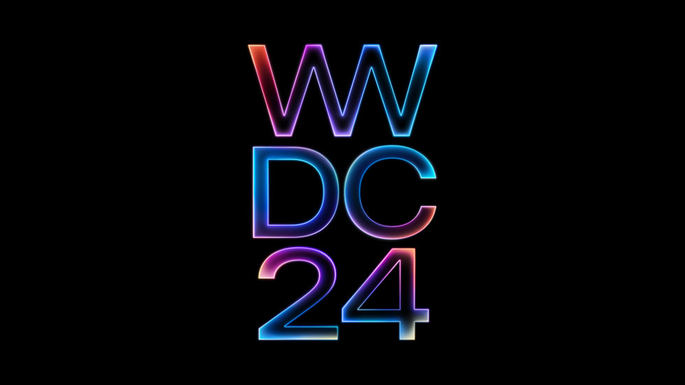WWDC24 i ett metalliskt typsnitt i flera färger mot en svart bakgrund.