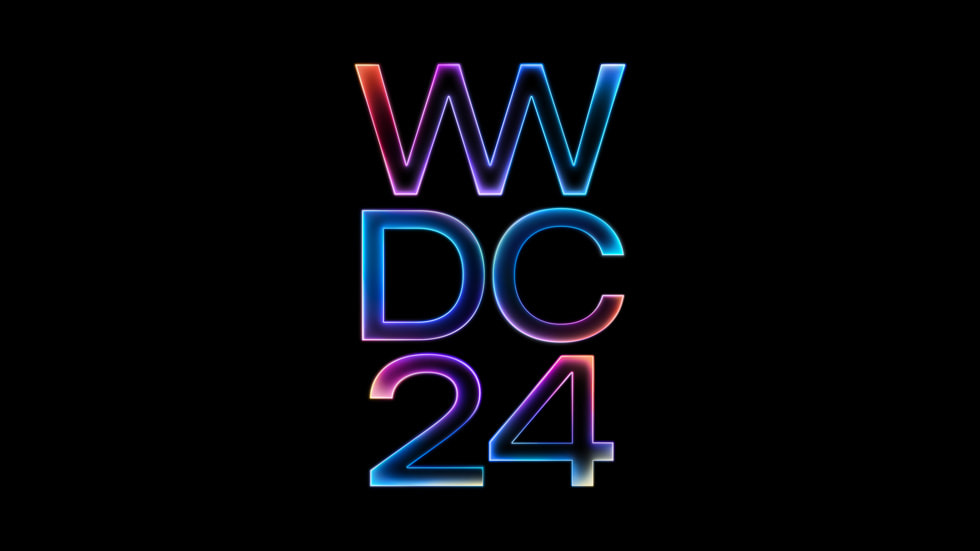 Inscription WWDC24 dans une police métallique multicolore, sur un fond noir.