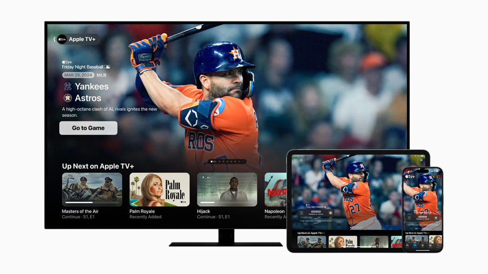 Friday Night Baseball’s home screen is shown on Apple TV, iPad and iPhone 15 Pro.