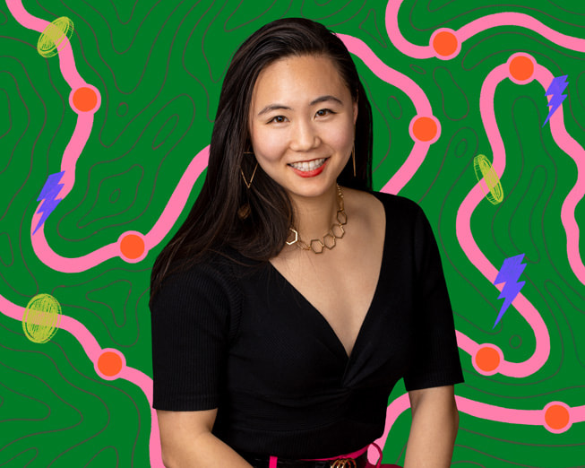 Retrato de Jenny Xu, fundadora de Run Legends, sobre un colorido fondo ilustrado.
