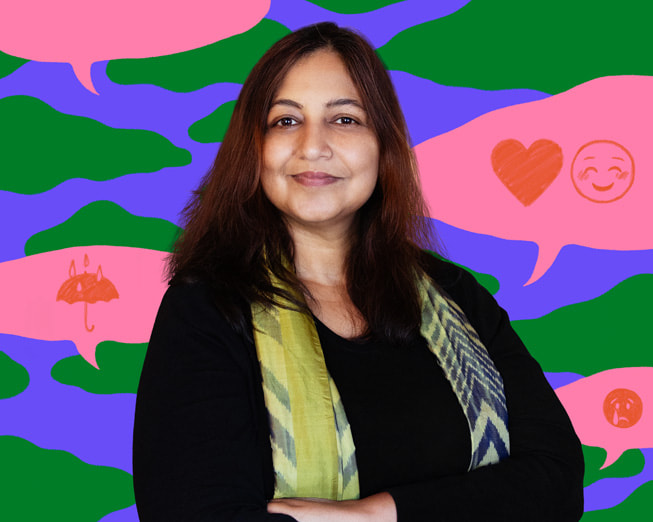 Portrait de Jo Aggarwal, fondatrice et PDG de Wysa, devant des illustrations colorées.