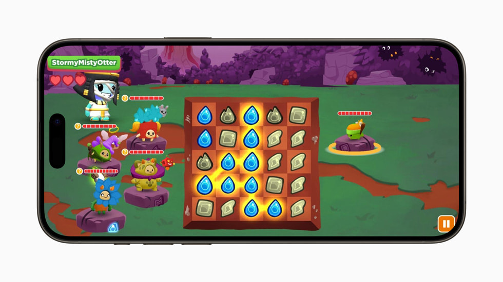 Um jogo com diferentes personagens e uma grade é mostrado no Boddle no iPhone 15 Pro.