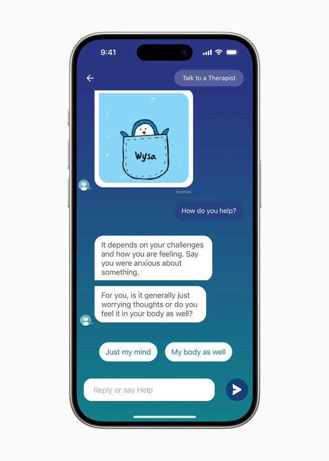 一位《Wysa》使用者與諮商師的聊天畫面，顯示於 iPhone 15 Pro 上。