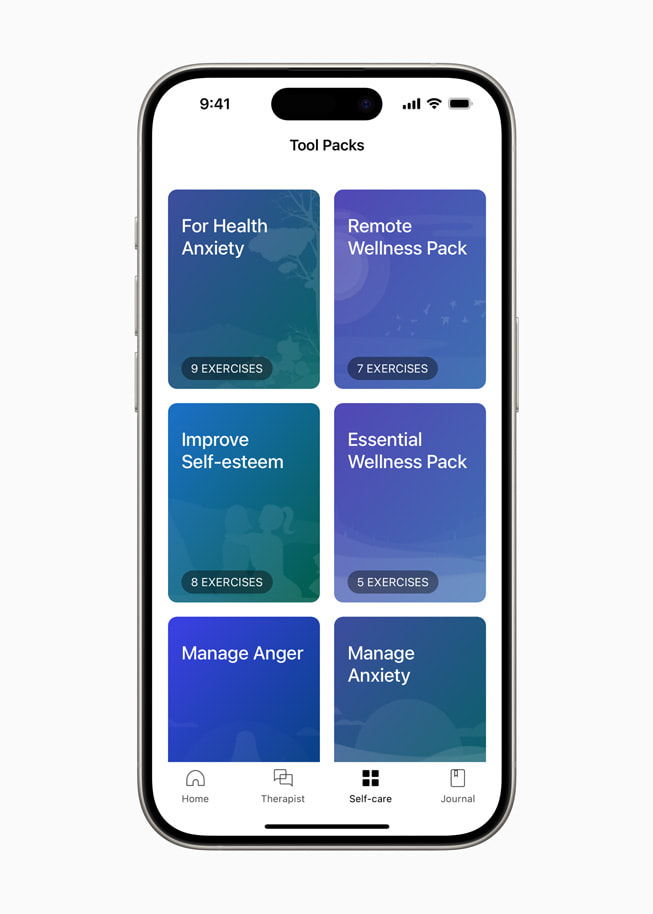Un écran d’iPhone 15 Pro affiche le menu de Wyga, dont les options « For Health Anxiety » et « Manage Anger ».