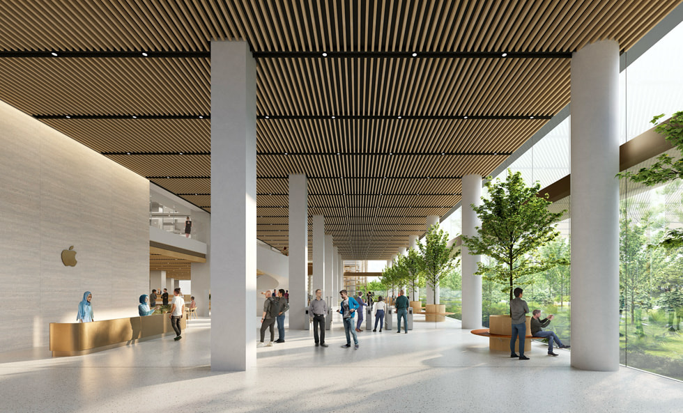 A rendering of a lobby inside Apple’s Singapore campus.