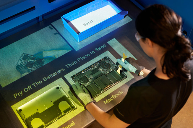 A worker uses an overhead projector-based augmented reality systems to disassemble MacBook and recycle components.