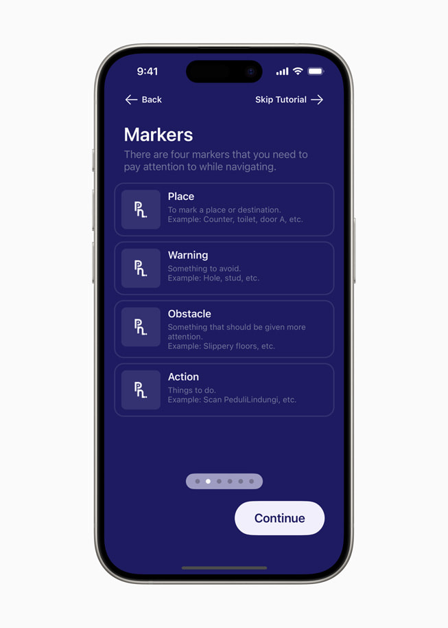 En skærm med titlen “Markers” fra PetaNetra-appen viser fire markører, brugere skal være opmærksomme på under navigation: sted, advarsel, forhindring og handling. 