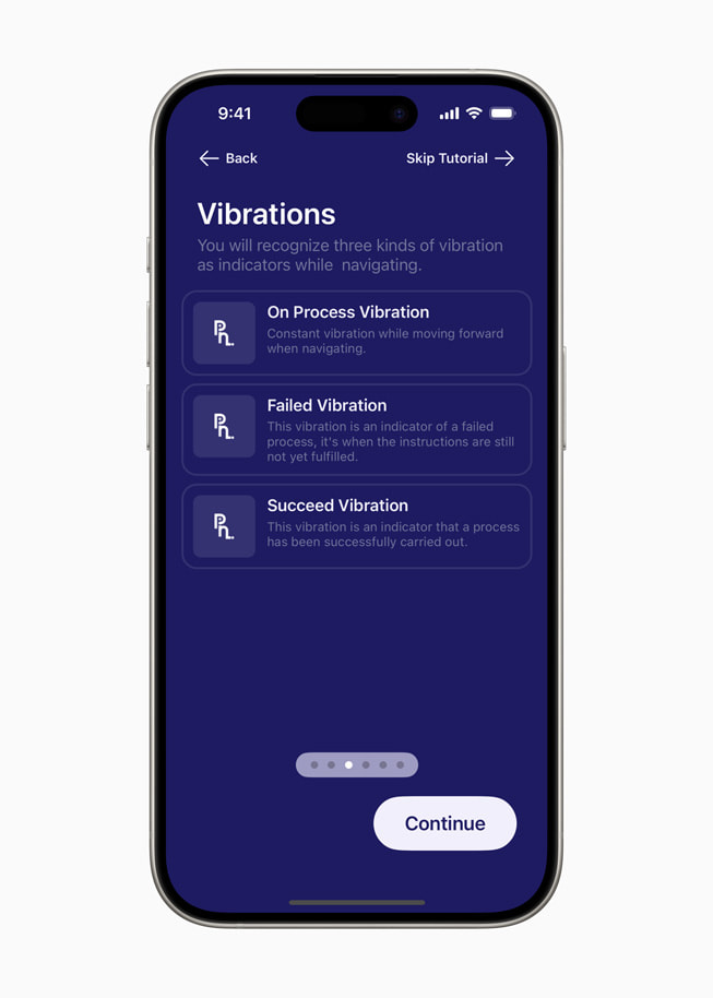 Ein Bildschirm mit dem Titel „Vibrations“ aus der PetaNetra-App erklärt drei Arten von Vibrationen, die während der Navigation angezeigt werden: Vibration während des Prozesses, Vibration bei Fehlschlag und Vibration bei Erfolg.  