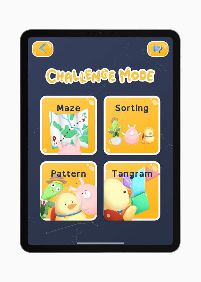 En skærm fra WonderJack-spillet til iPad viser teksten “Challenge Mode” og har fire knapper: labyrint, sortering, mønster og tangram.
