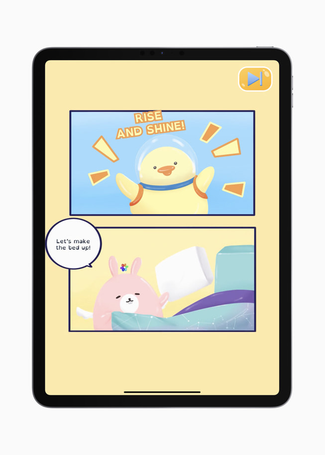 Tela de tangram do jogo WonderJack para iPad contendo uma história em quadrinhos com dois painéis. O primeiro mostra uma galinha que dá bom dia, e o segundo mostra um urso que convida a criança a arrumar a cama.