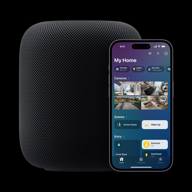 HomePod (2nd generation) in midnight is shown next to iPhone, where the Home app is open.