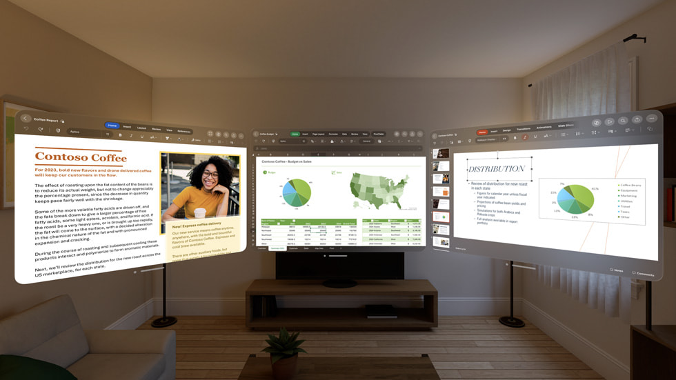 Microsoft 365 productivity apps used with Apple Vision Pro are shown in a user's living room.