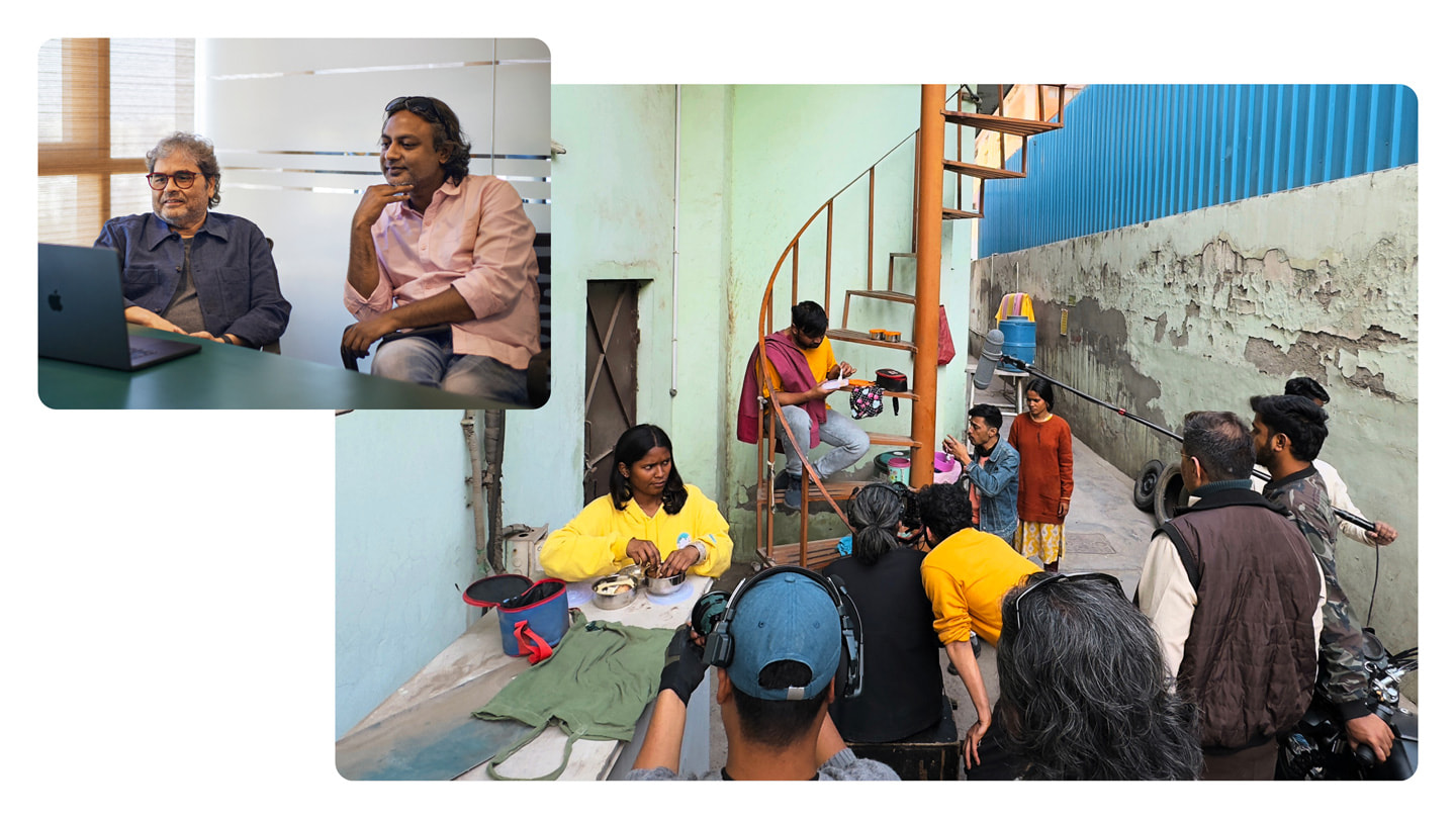 A smaller photo on the left shows filmmaker Prateek Vats and Vishal Bhardwaj working on MacBook Pro with M3 Max, while a larger photo on the right shows a film crew surrounding an actor sitting on an outdoor staircase on the set of “Jal Tu Jalal Tu.”