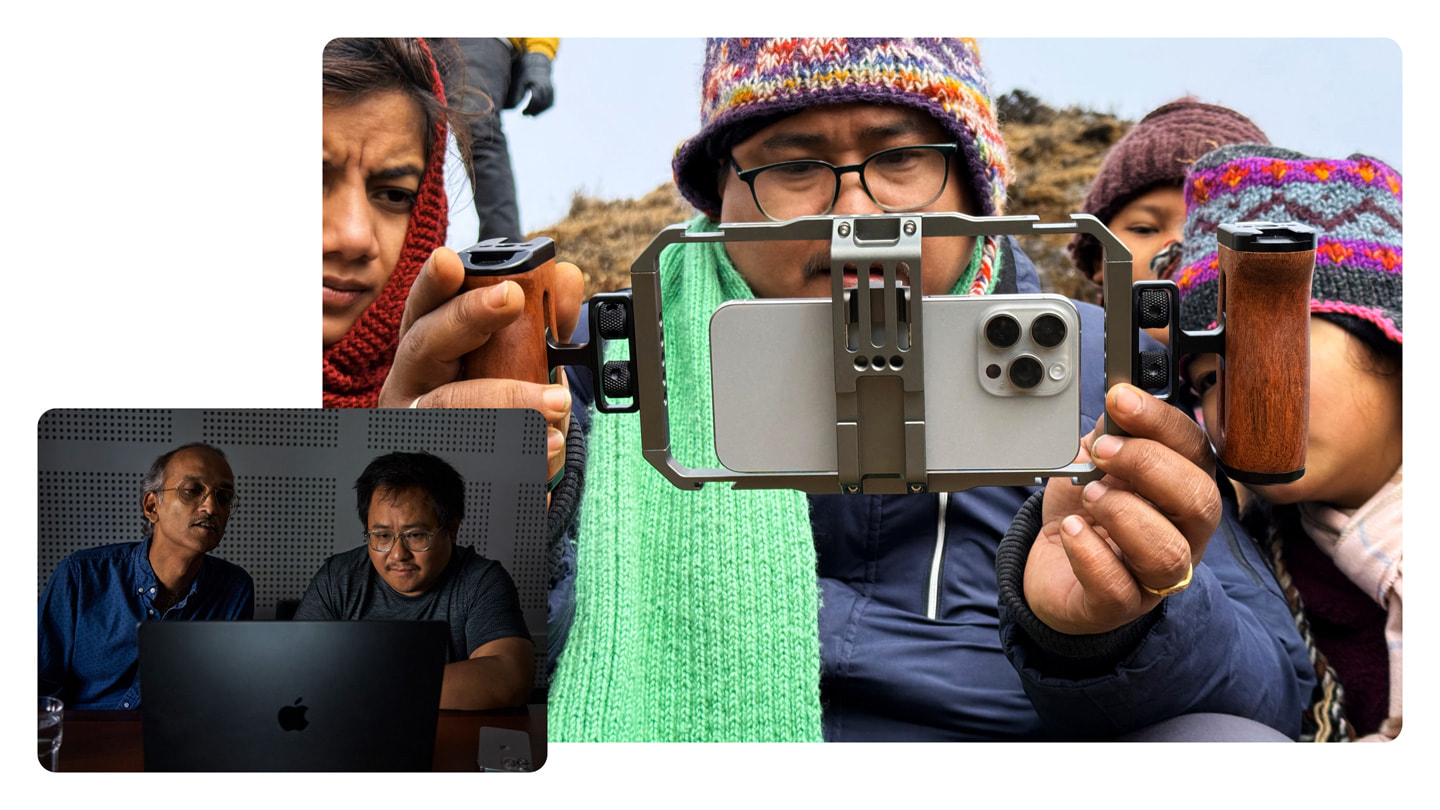A small photo on the left shows Rohan Sippy and Saurav Rai working on MacBook Pro with M3 Max, and a larger photo on the right shows Saurav Rai surrounded by people while holding iPhone 15 Pro Max on the set of “Crossing Borders.” 