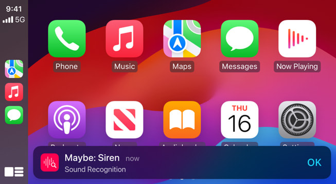 The new Sound Recognition feature in CarPlay alerts a user of a potential siren sound.