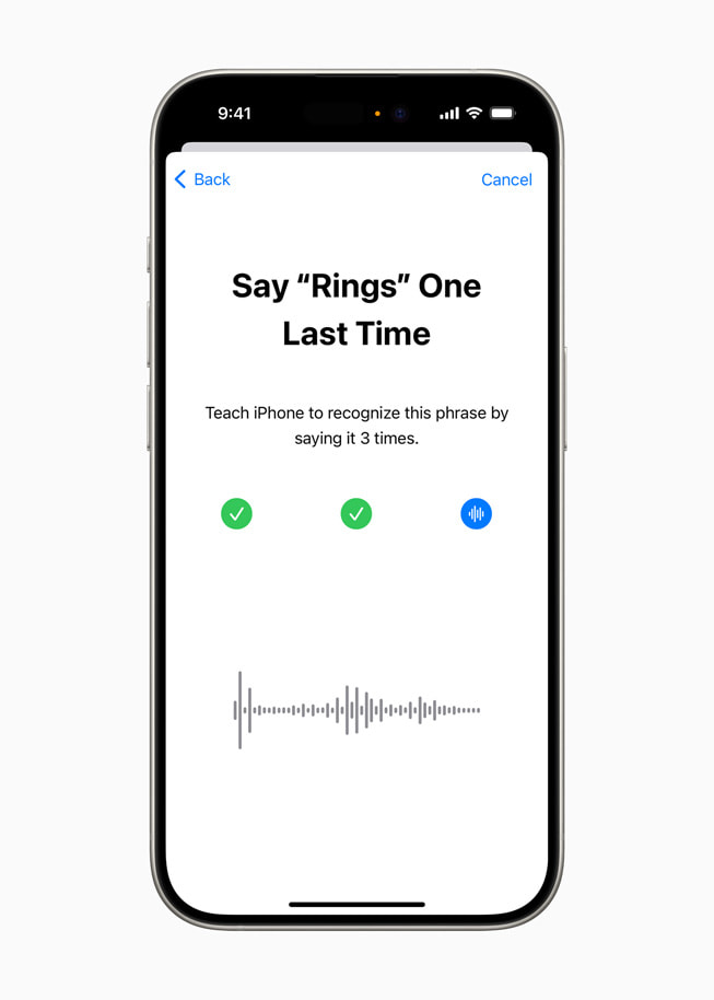 On iPhone 15 Pro, a screen reads “Say ‘Rings’ One Last Time,” and prompts the user to teach iPhone to recognise the phrase by saying it three times.