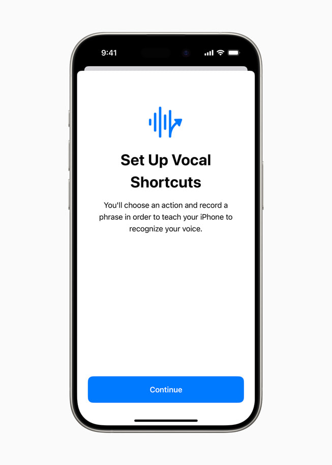 On iPhone 15 Pro, a screen reads “Set Up Vocal Shortcuts” and prompts the user to choose an action and record a phrase to teach their iPhone how to recognise their voice.