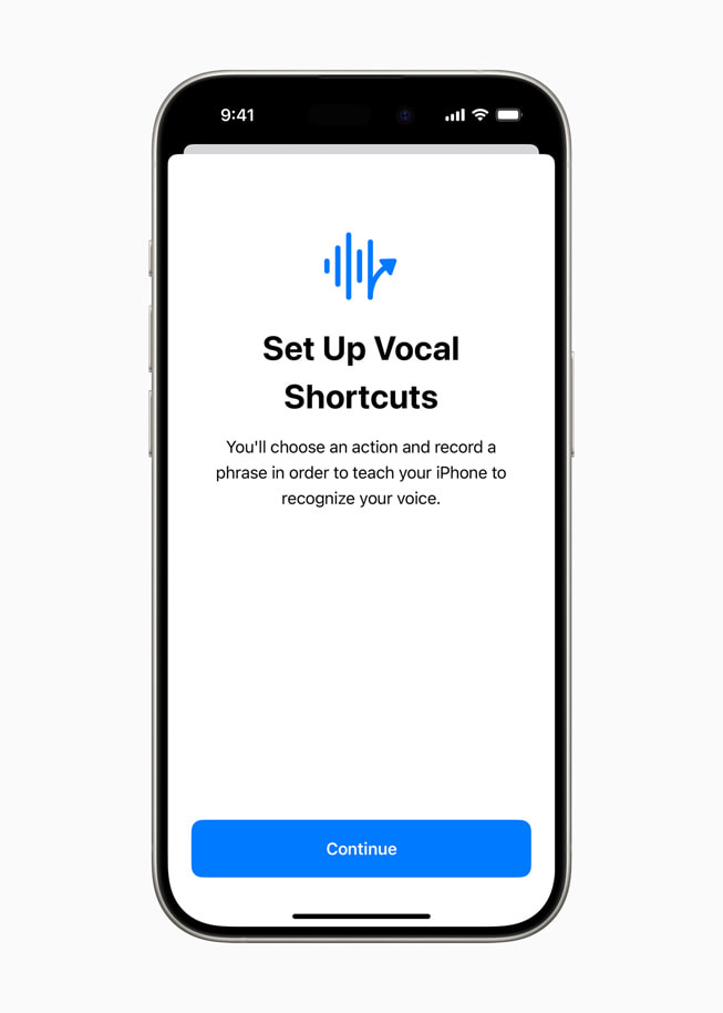 On iPhone 15 Pro, a screen reads “Set Up Vocal Shortcuts” and prompts the user to choose an action and record a phrase to teach their iPhone how to recognise their voice.