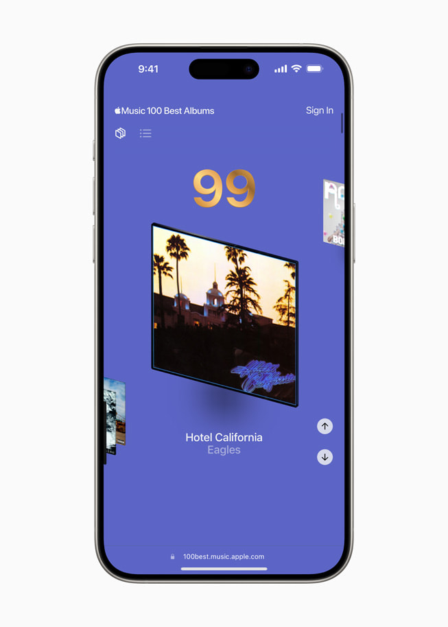 iPhone 15 Pro Max shows a screen that features album 99, “Hotel California” by the Eagles, from the 100 Best microsite.