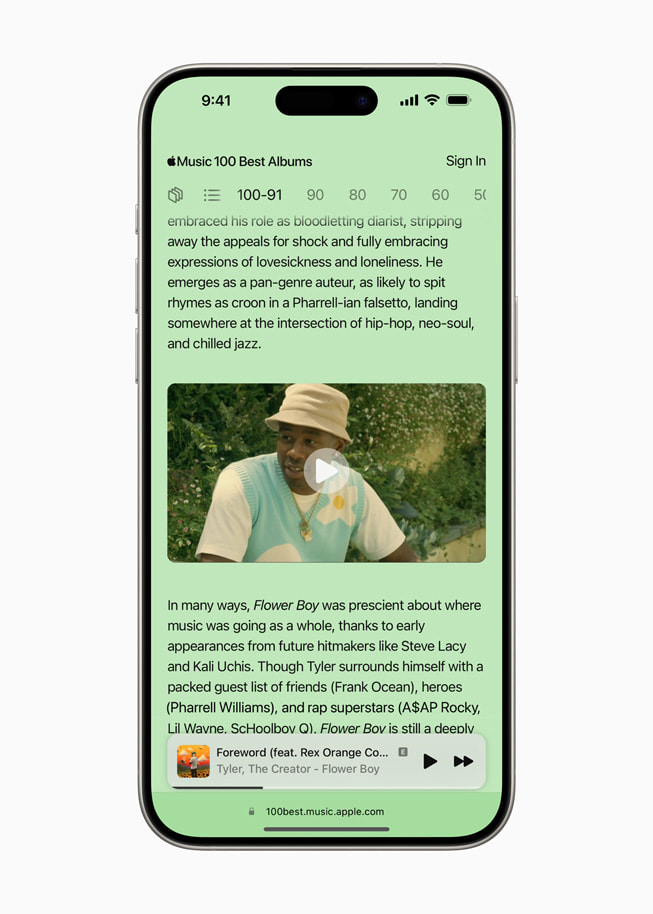 iPhone 15 Pro Max shows a screen featuring information about the album “Flower Boy” from the 100 Best microsite.