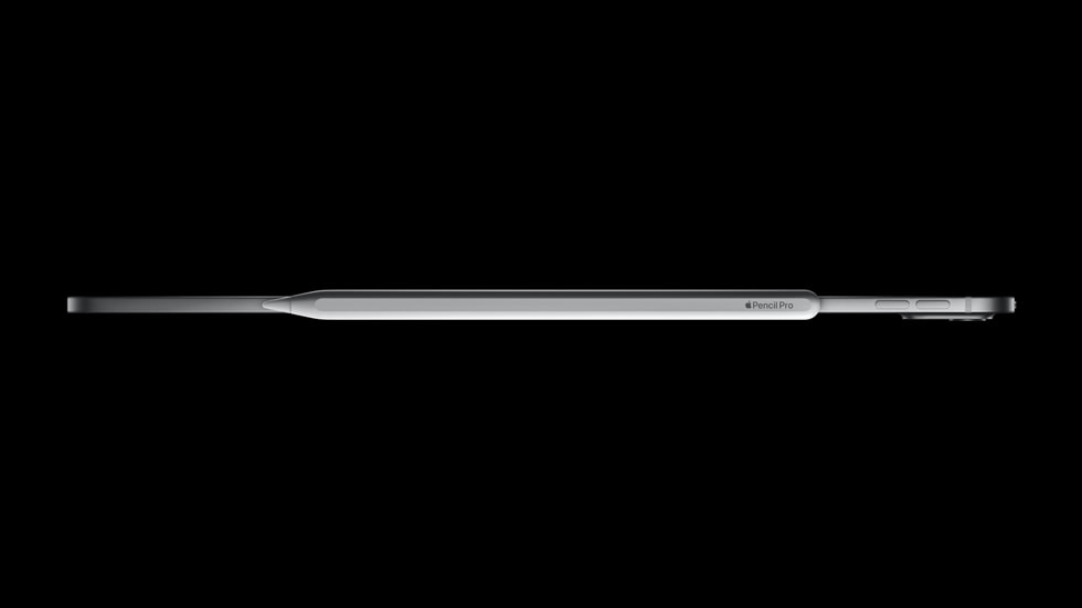 새로운 iPad Pro에 부착된 Apple Pencil Pro의 모습.