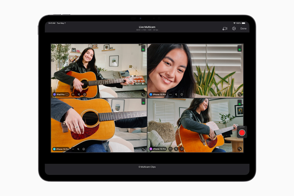 iPad용 Final Cut Pro 2의 실시간 멀티캠이 iPad Pro에 표시된 모습.