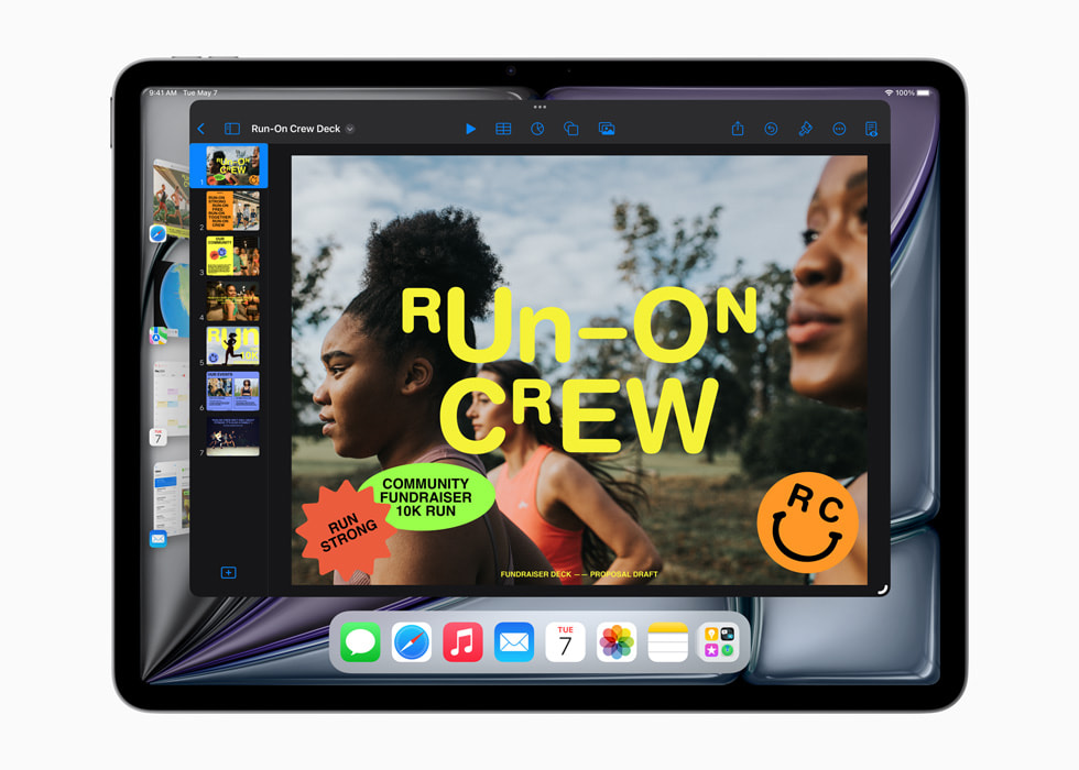 在新款 iPad Air 上展示「幕前管理」。