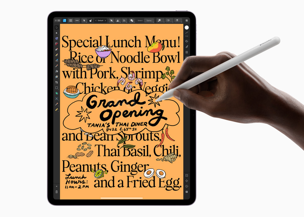 Una Apple Pencil Pro usata per creare contenuti grafici con Affinity Designer 2 sul nuovo iPad Air.