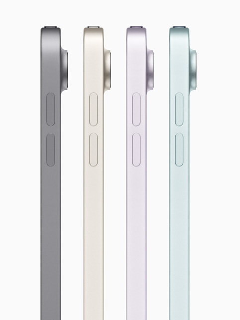 Zijaanzicht van de vier kleuren waarin de nieuwe iPad Air verkrijgbaar is.