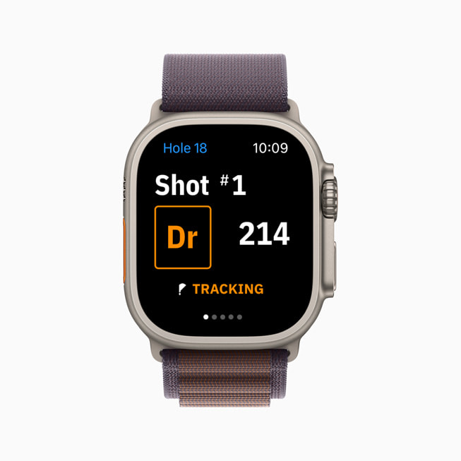 Se muestra la funcionalidad Auto Shot Tracking en Golfshot en un Apple Watch.