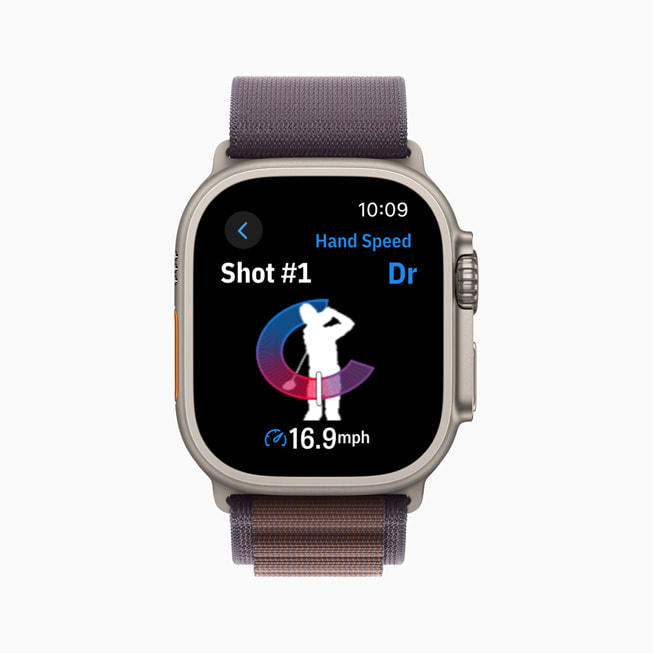 Une Apple Watch affiche la vitesse des mains dans l’app Golfshot.
