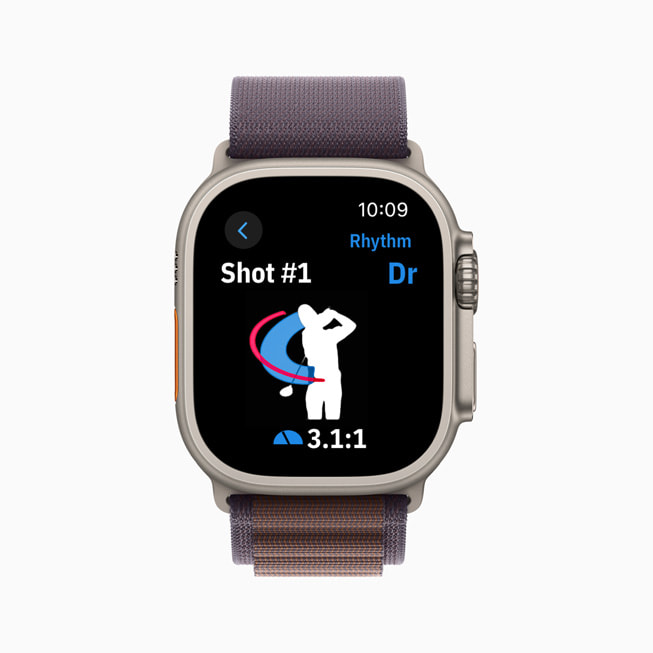 Statistik seperti Ritme ditampilkan di Golfshot di Apple Watch.