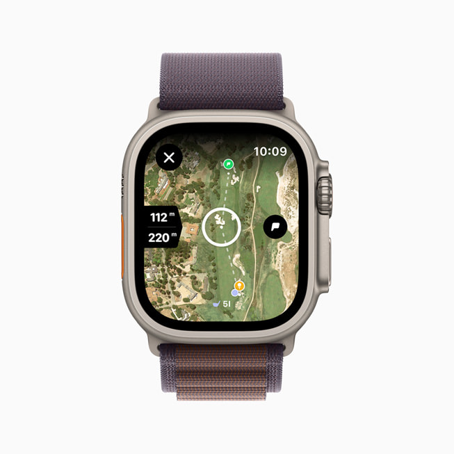 Ilustracja przedstawiająca aplikację Hole19 na Apple Watch.
