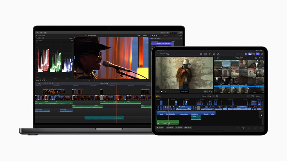 Final Cut Pro for iPad 2 is shown on a 13-inch iPad Pro in space black, and Final Cut Pro for Mac 10.8 is shown on a 16-inch MacBook Pro in space black.