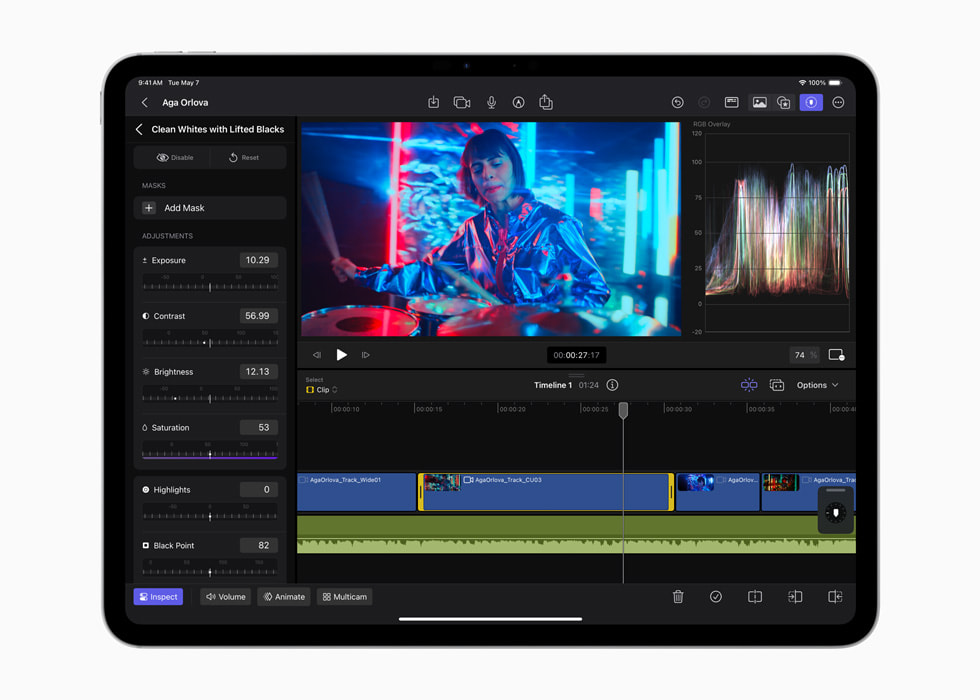 Color-grading presets are shown in Final Cut Pro for iPad 2 on a 13-inch iPad Pro in space black.